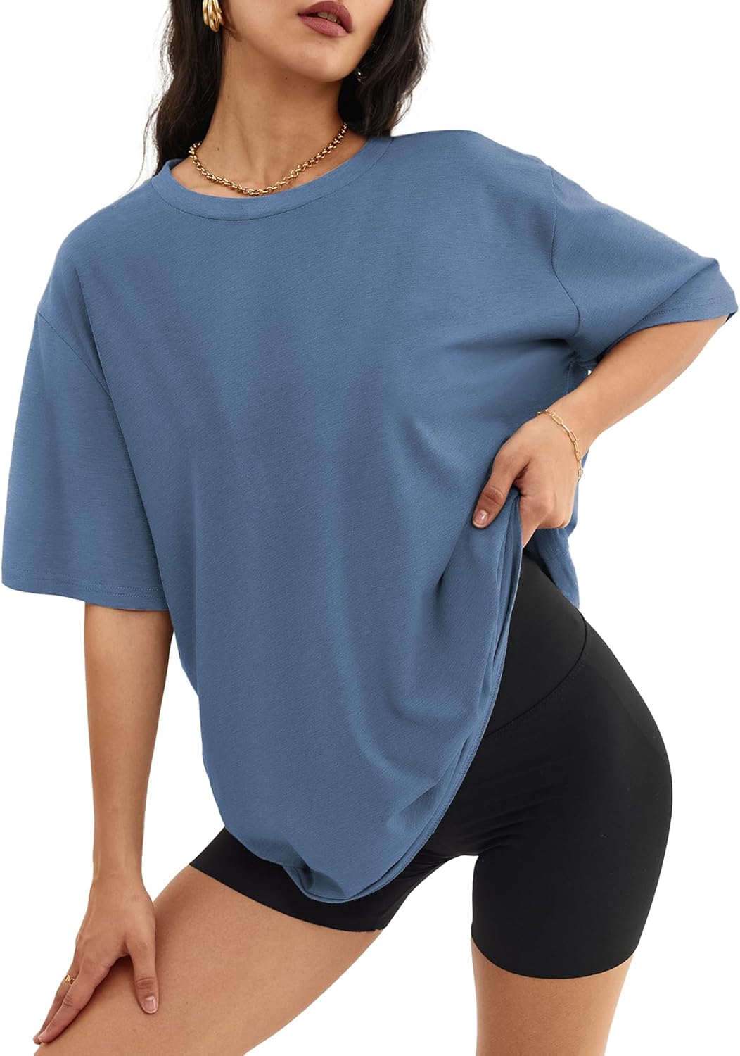 Womens Oversized Crewneck T-Shirts Loose Fit Short Sleeve Casual Tops for Summer - Picture 130 of 153
