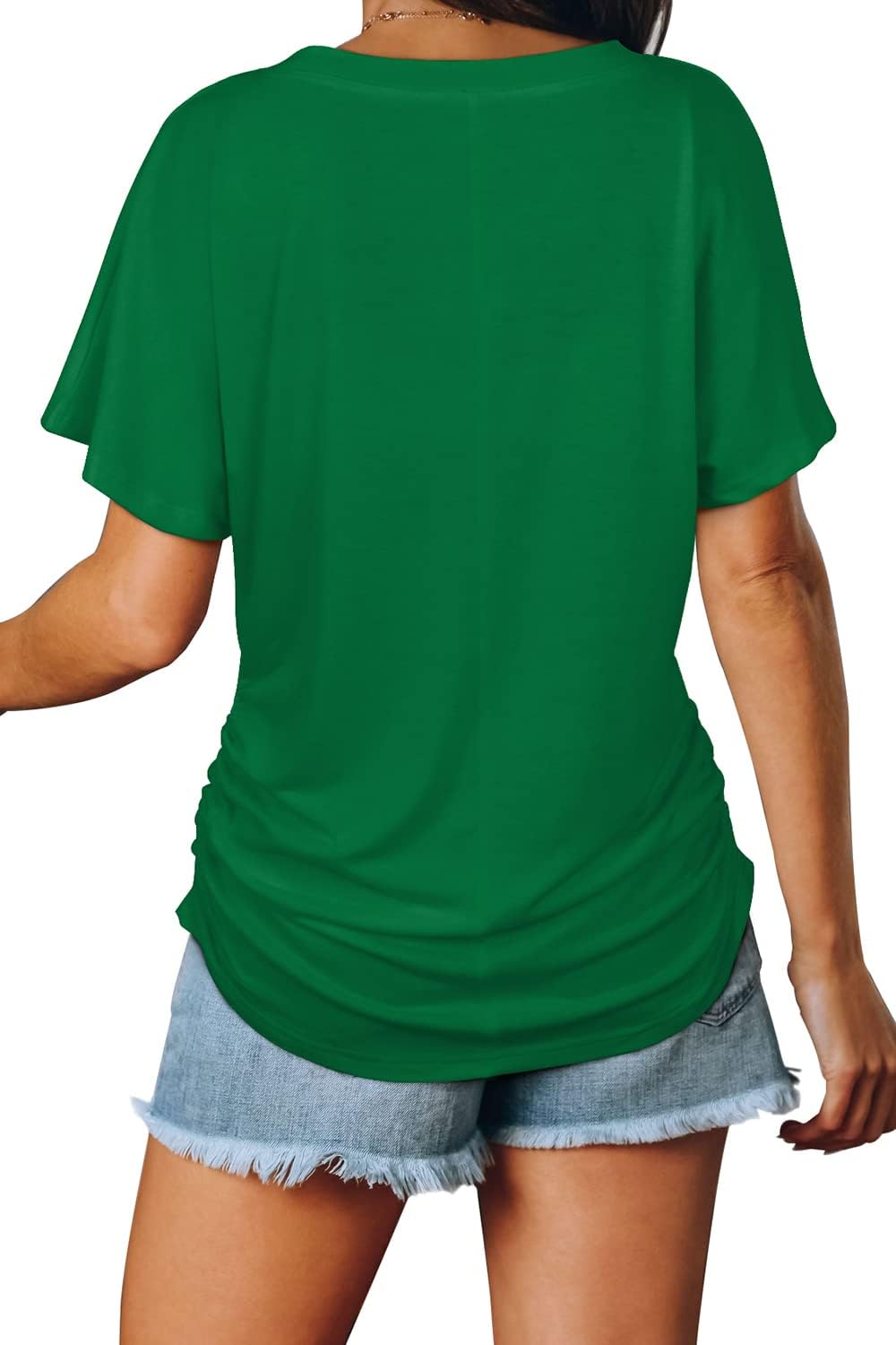 Women's Short Sleeve V Neck Dolman Tops with Side Shirring Loose Fit Shirts - Picture 106 of 138