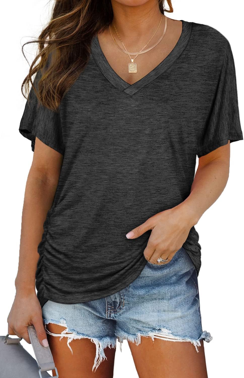 Women's Short Sleeve V Neck Dolman Tops with Side Shirring Loose Fit Shirts - Picture 107 of 138