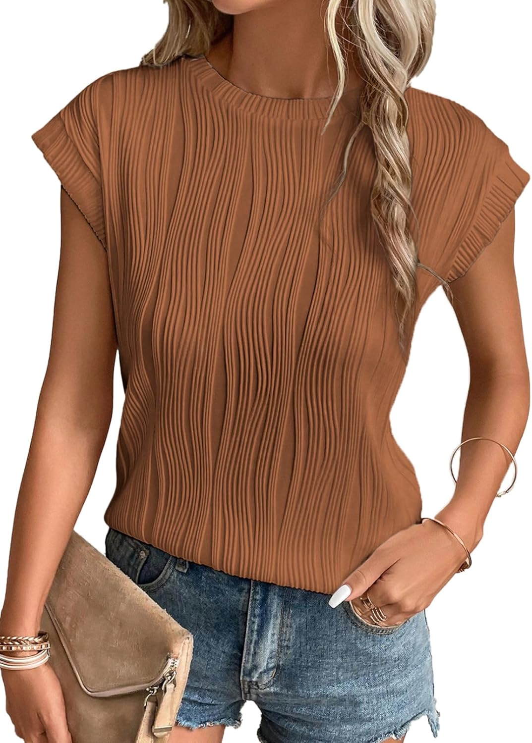 Camisetas básicas informales sueltas lisas tejidas cuello redondo texturizadas de manga corta para mujer - Imagen 104 de 122