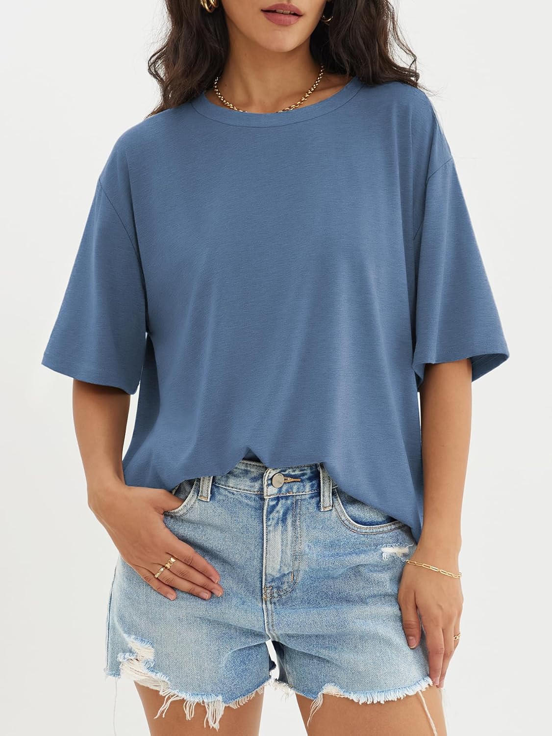 Womens Oversized Crewneck T-Shirts Loose Fit Short Sleeve Casual Tops for Summer - Picture 133 of 153