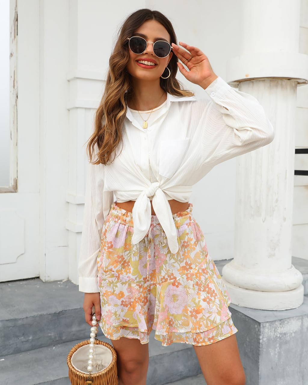 Women's Flowy Shorts Casual Boho Floral Ruffle Mini Skorts for Running Tennis - Picture 76 of 145