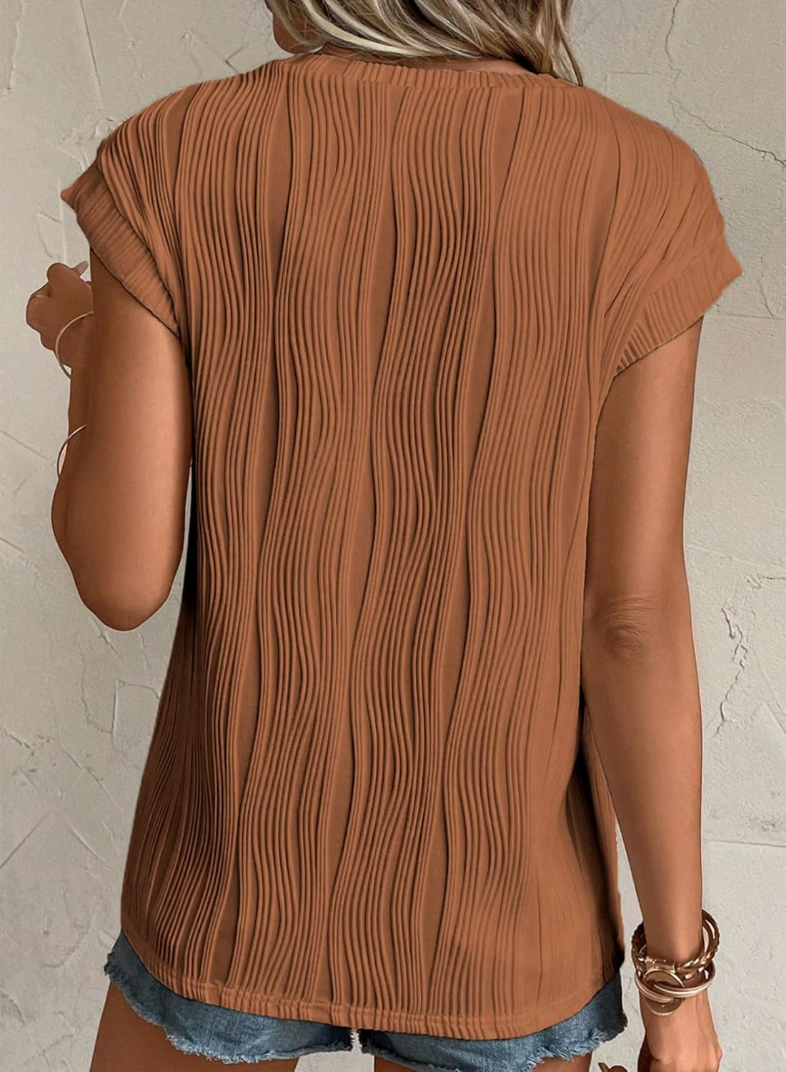 Camisetas básicas informales sueltas lisas tejidas cuello redondo texturizadas de manga corta para mujer - Imagen 106 de 122
