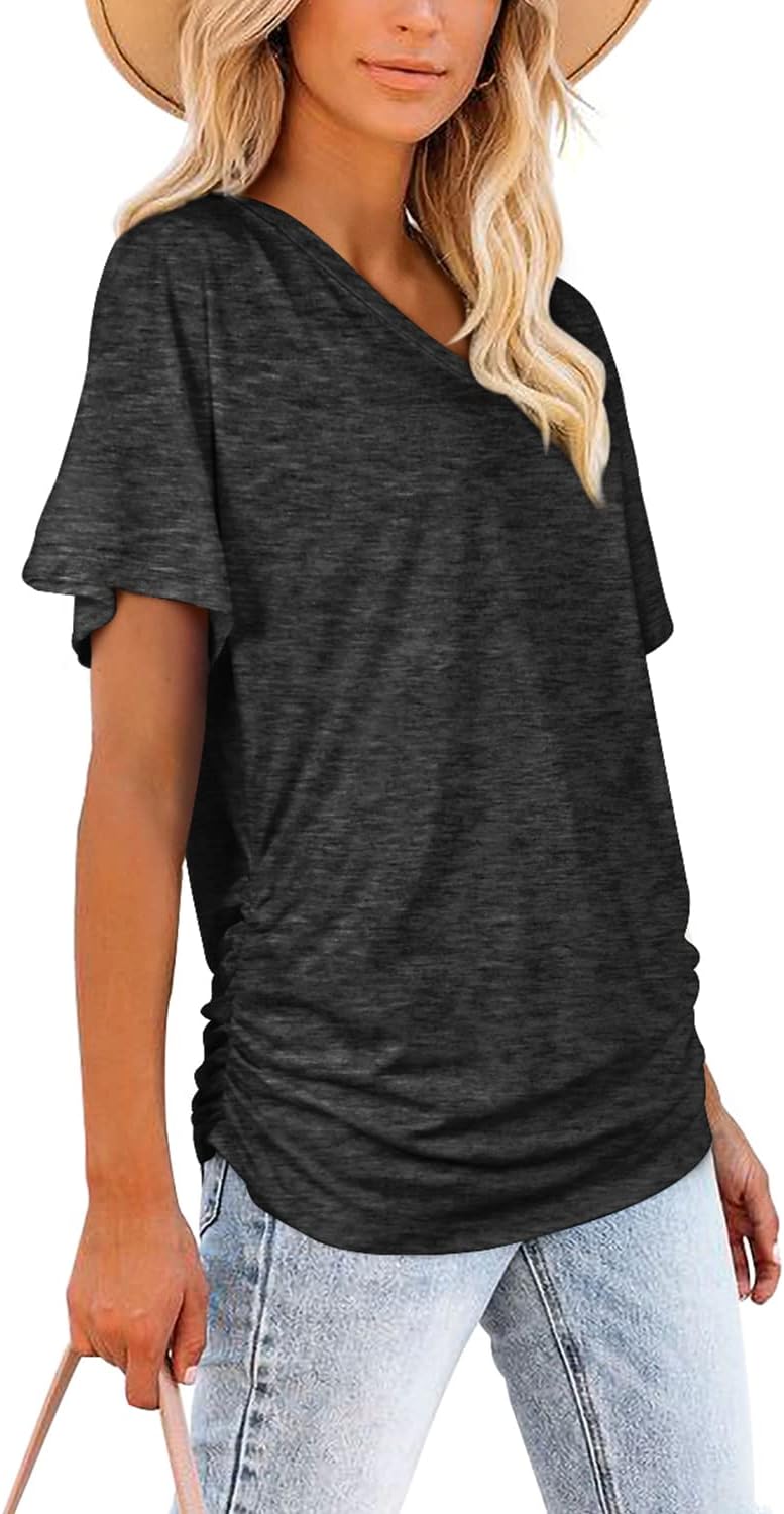 Women's Short Sleeve V Neck Dolman Tops with Side Shirring Loose Fit Shirts - Picture 109 of 138