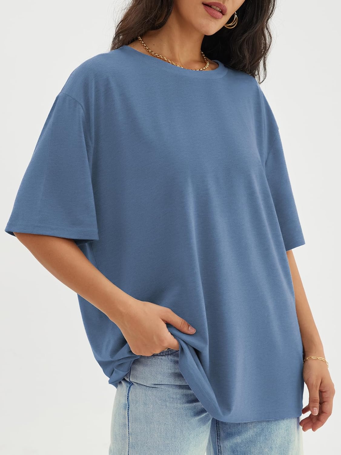 Womens Oversized Crewneck T-Shirts Loose Fit Short Sleeve Casual Tops for Summer - Picture 134 of 153