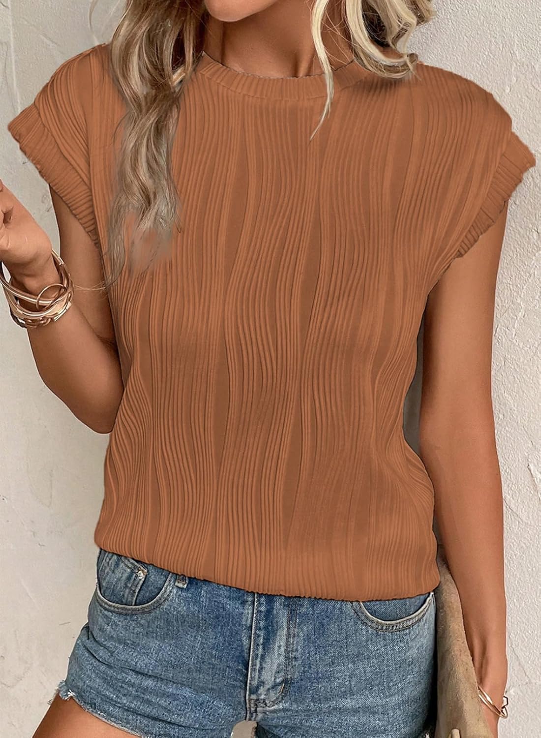 Camisetas básicas informales sueltas lisas tejidas cuello redondo texturizadas de manga corta para mujer - Imagen 107 de 122