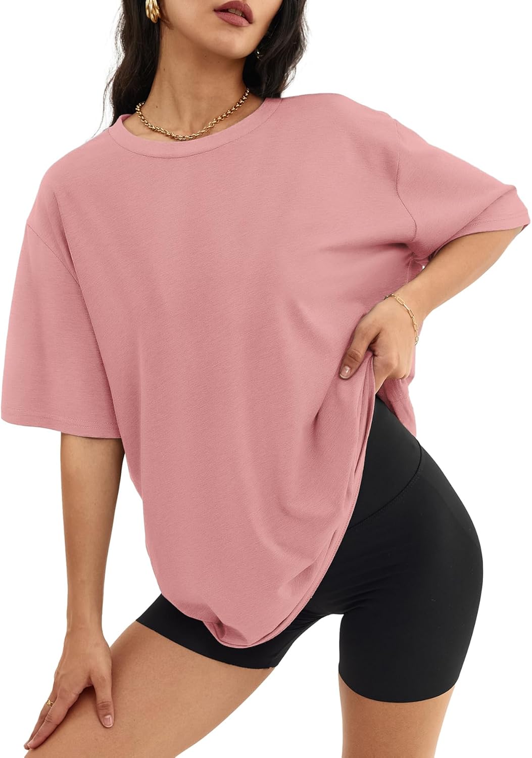 Womens Oversized Crewneck T-Shirts Loose Fit Short Sleeve Casual Tops for Summer - Picture 135 of 153