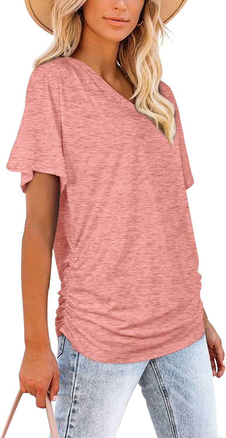 Women's Short Sleeve V Neck Dolman Tops with Side Shirring Loose Fit Shirts - Picture 113 of 138