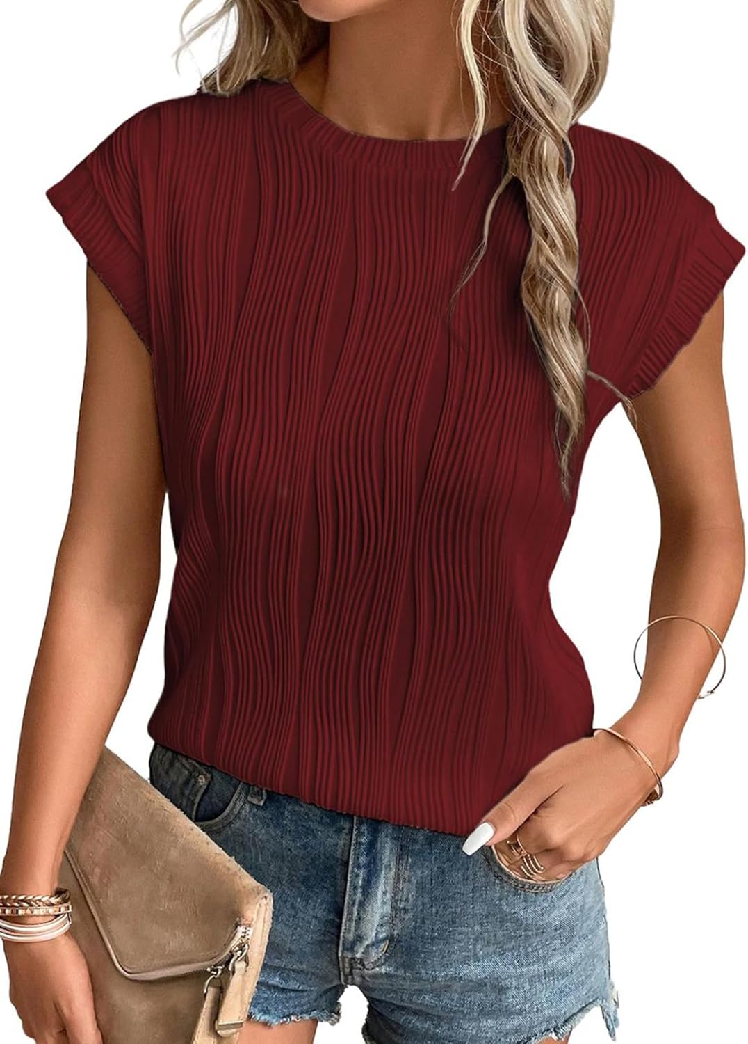 Camisetas básicas informales sueltas lisas tejidas cuello redondo texturizadas de manga corta para mujer - Imagen 109 de 122