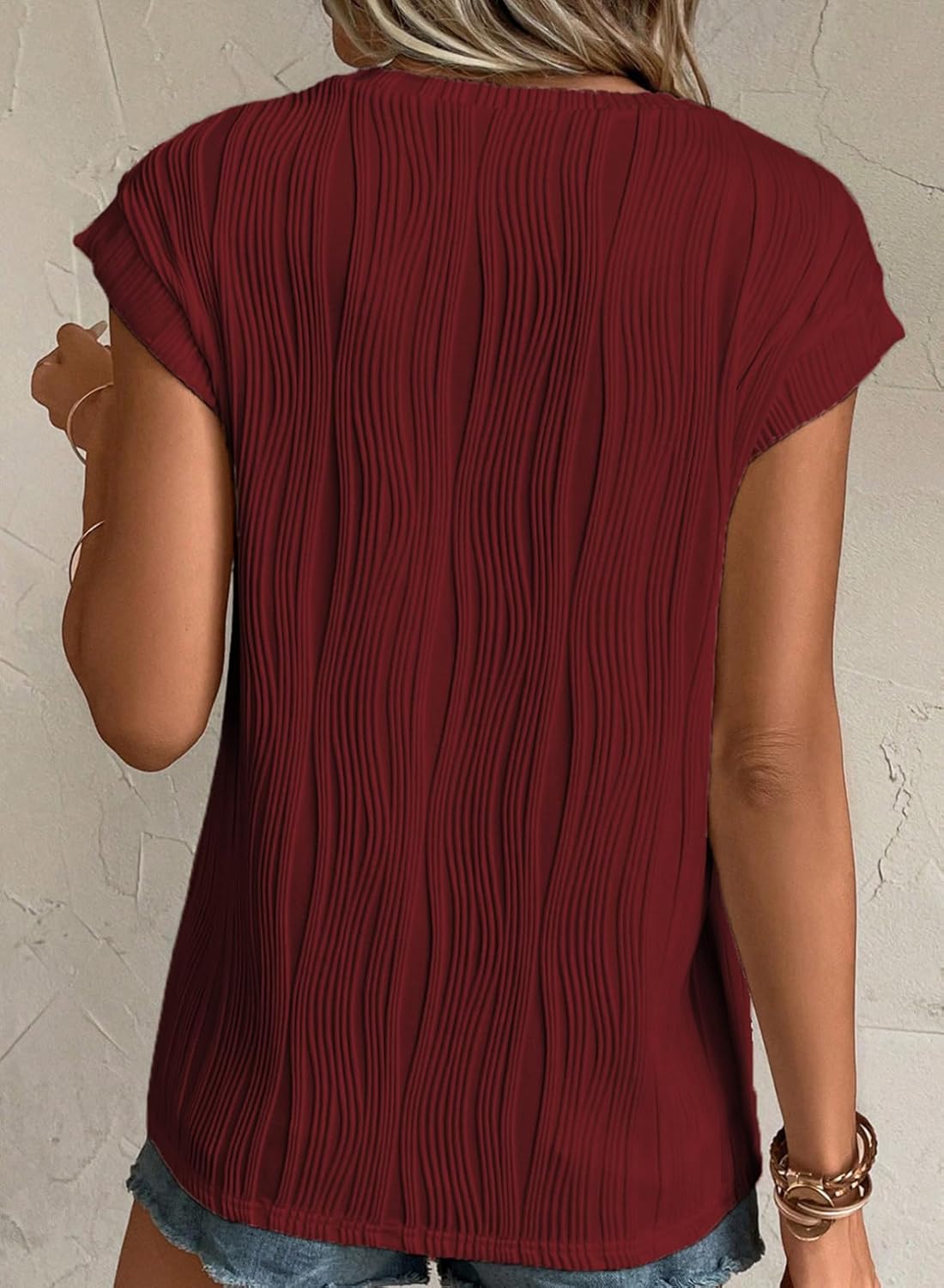 Camisetas básicas informales sueltas lisas tejidas cuello redondo texturizadas de manga corta para mujer - Imagen 111 de 122