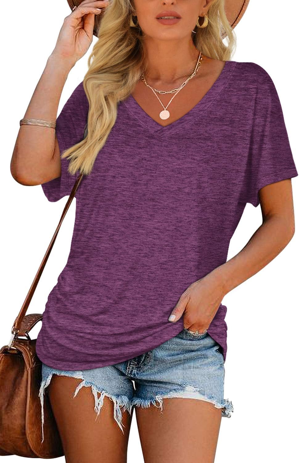 Women's Short Sleeve V Neck Dolman Tops with Side Shirring Loose Fit Shirts - Picture 117 of 138
