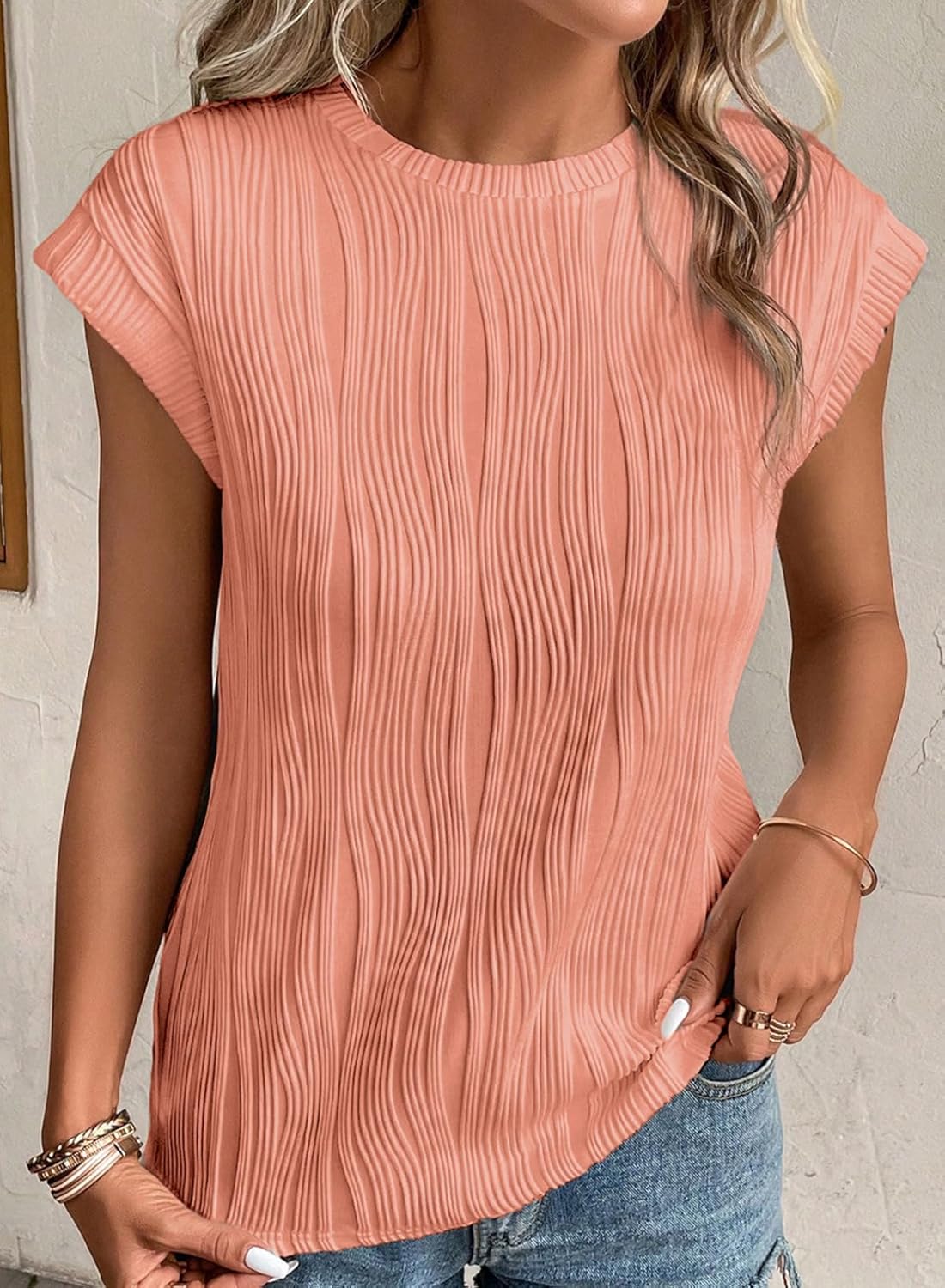Camisetas básicas informales sueltas lisas tejidas cuello redondo texturizadas de manga corta para mujer - Imagen 114 de 122