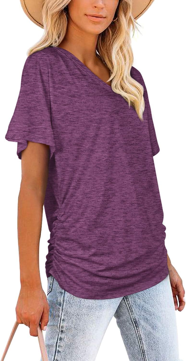 Women's Short Sleeve V Neck Dolman Tops with Side Shirring Loose Fit Shirts - Picture 118 of 138