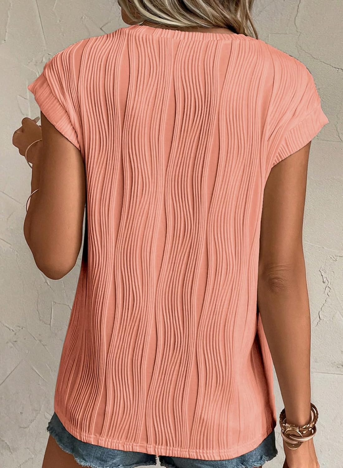 Camisetas básicas informales sueltas lisas tejidas cuello redondo texturizadas de manga corta para mujer - Imagen 115 de 122