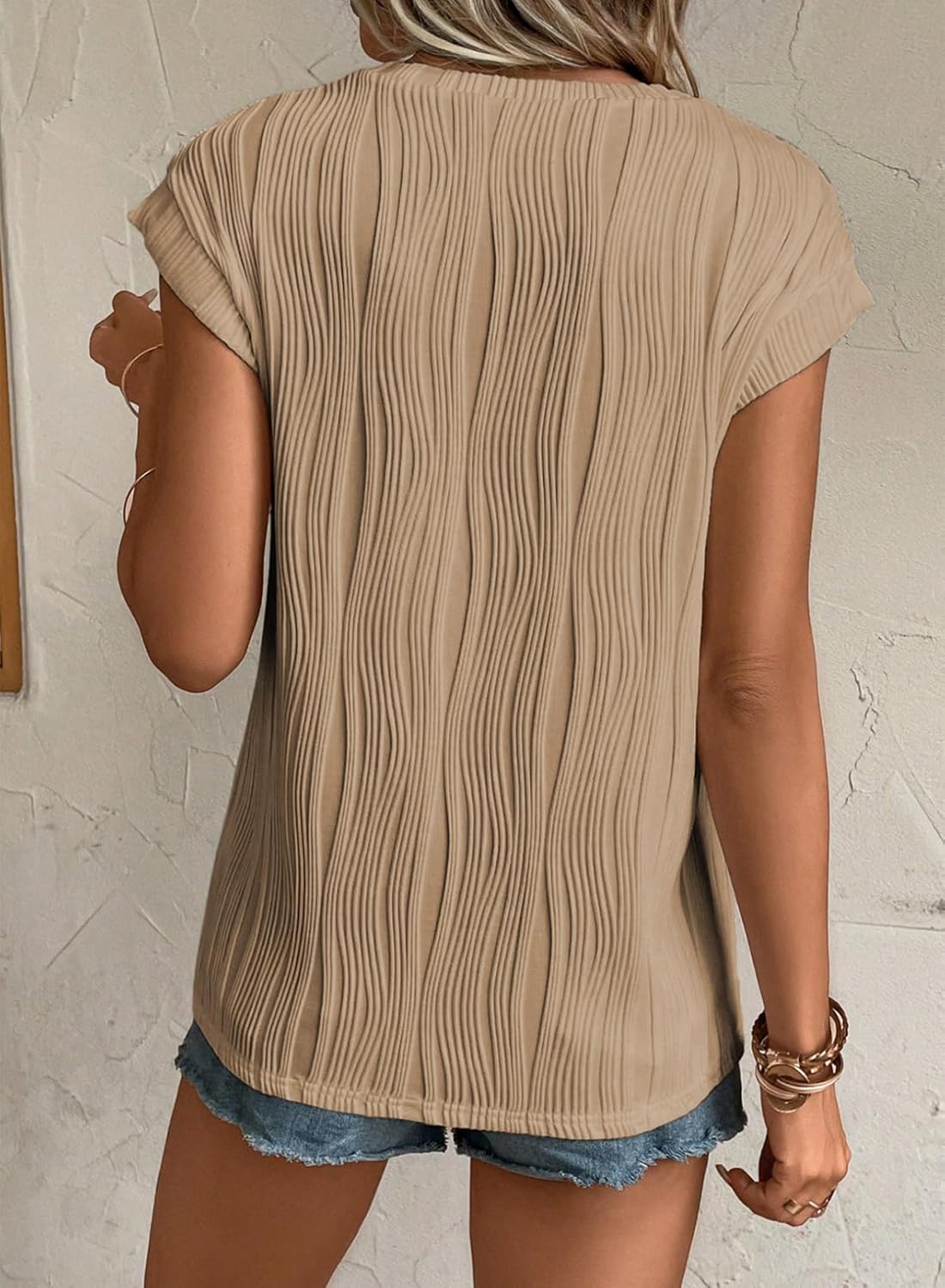 Camisetas básicas informales sueltas lisas tejidas cuello redondo texturizadas de manga corta para mujer - Imagen 120 de 122