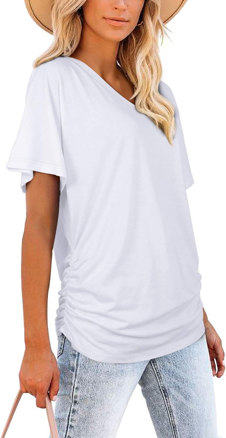 Women's Short Sleeve V Neck Dolman Tops with Side Shirring Loose Fit Shirts - Picture 123 of 138