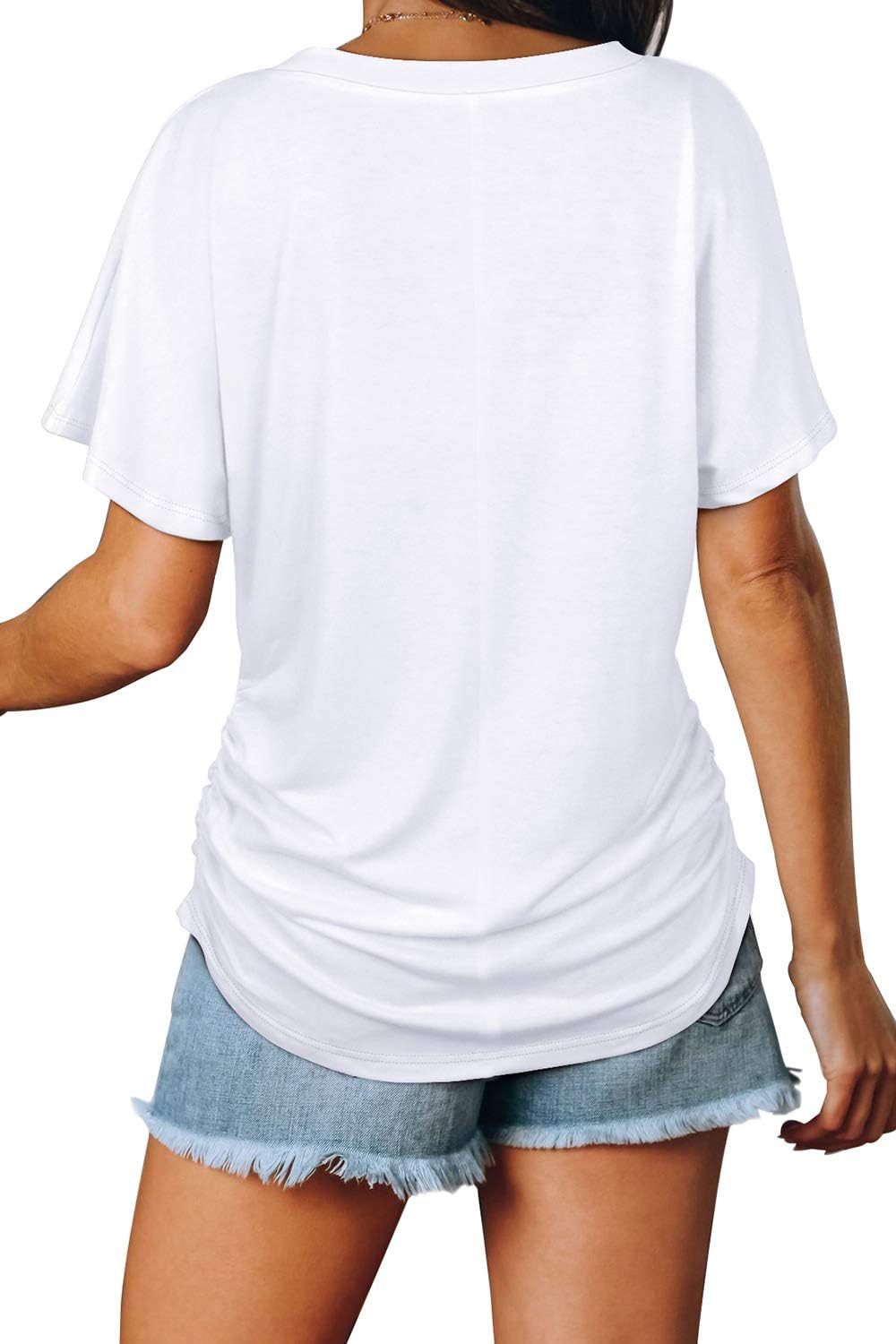 Women's Short Sleeve V Neck Dolman Tops with Side Shirring Loose Fit Shirts - Picture 124 of 138