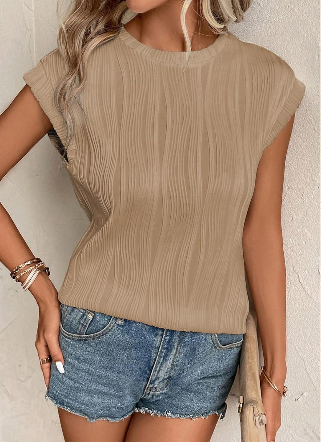 Camisetas básicas informales sueltas lisas tejidas cuello redondo texturizadas de manga corta para mujer - Imagen 122 de 122