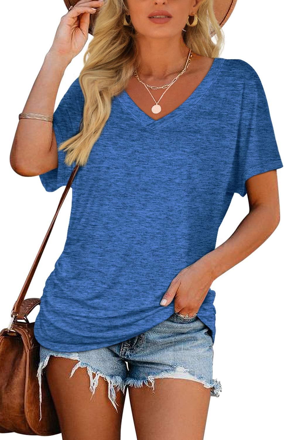 Women's Short Sleeve V Neck Dolman Tops with Side Shirring Loose Fit Shirts - Picture 127 of 138