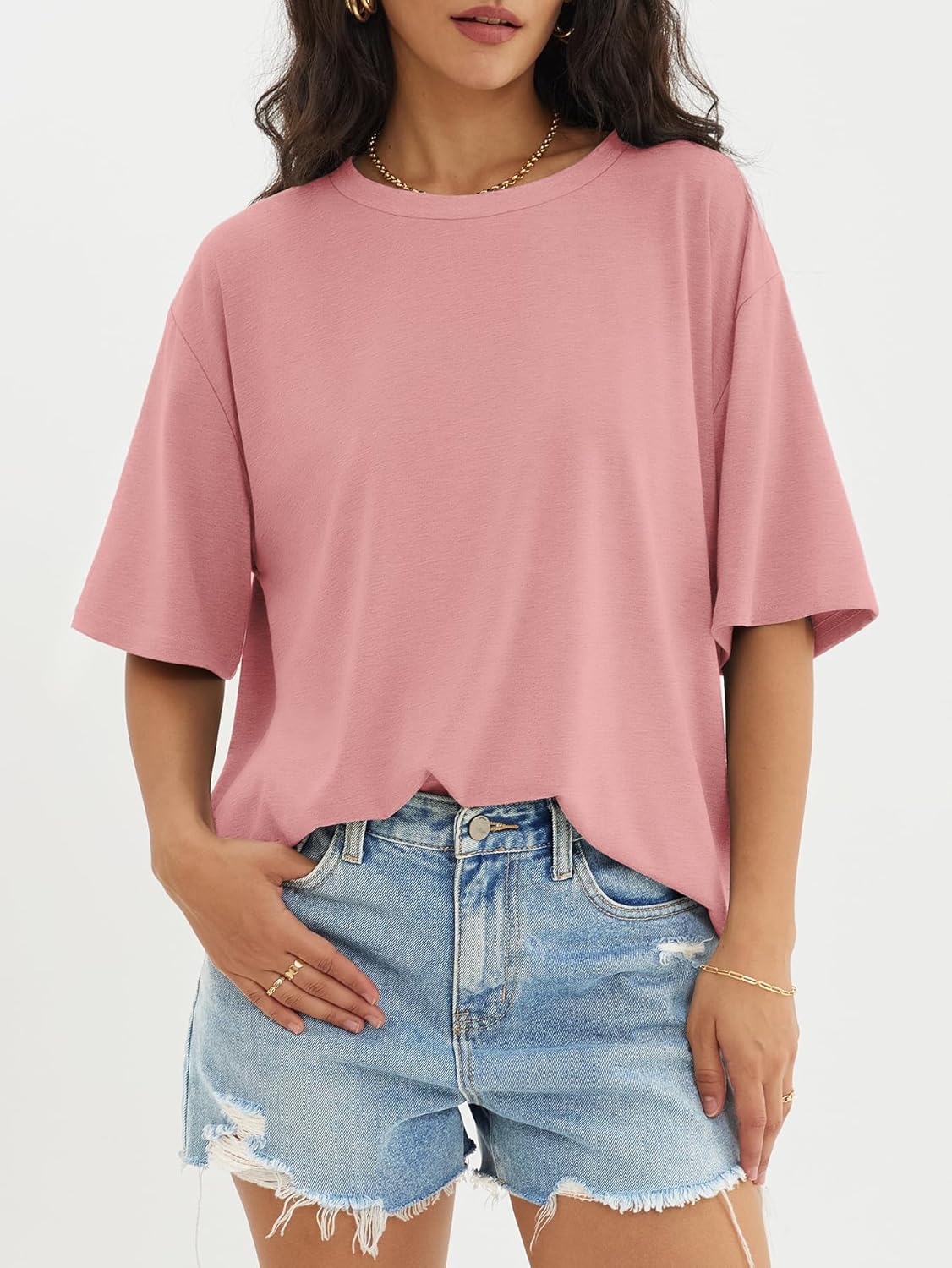 Womens Oversized Crewneck T-Shirts Loose Fit Short Sleeve Casual Tops for Summer - Picture 139 of 153