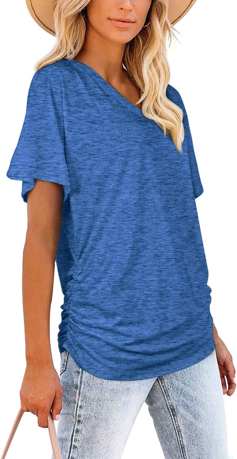 Women's Short Sleeve V Neck Dolman Tops with Side Shirring Loose Fit Shirts - Picture 128 of 138
