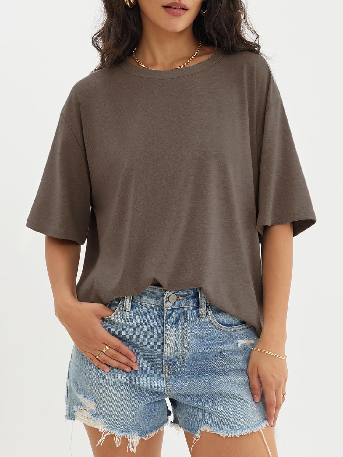 Womens Oversized Crewneck T-Shirts Loose Fit Short Sleeve Casual Tops for Summer - Picture 143 of 153