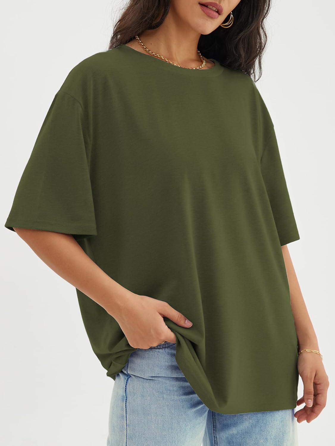 Womens Oversized Crewneck T-Shirts Loose Fit Short Sleeve Casual Tops for Summer - Picture 145 of 153