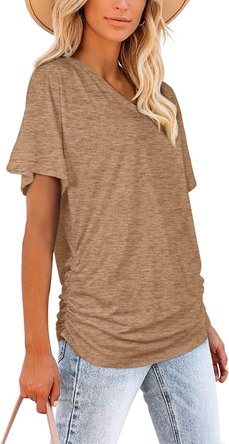 Women's Short Sleeve V Neck Dolman Tops with Side Shirring Loose Fit Shirts - Picture 133 of 138