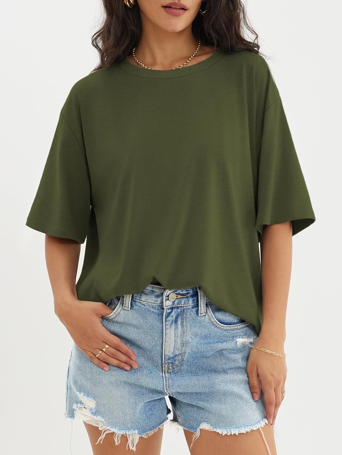 Womens Oversized Crewneck T-Shirts Loose Fit Short Sleeve Casual Tops for Summer - Picture 146 of 153