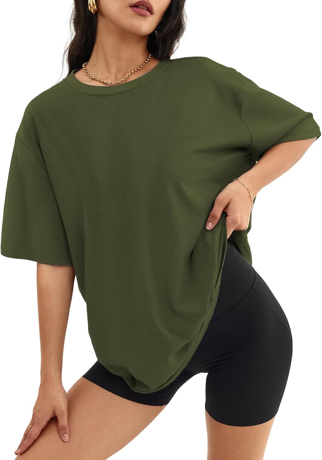 Womens Oversized Crewneck T-Shirts Loose Fit Short Sleeve Casual Tops for Summer - Picture 148 of 153