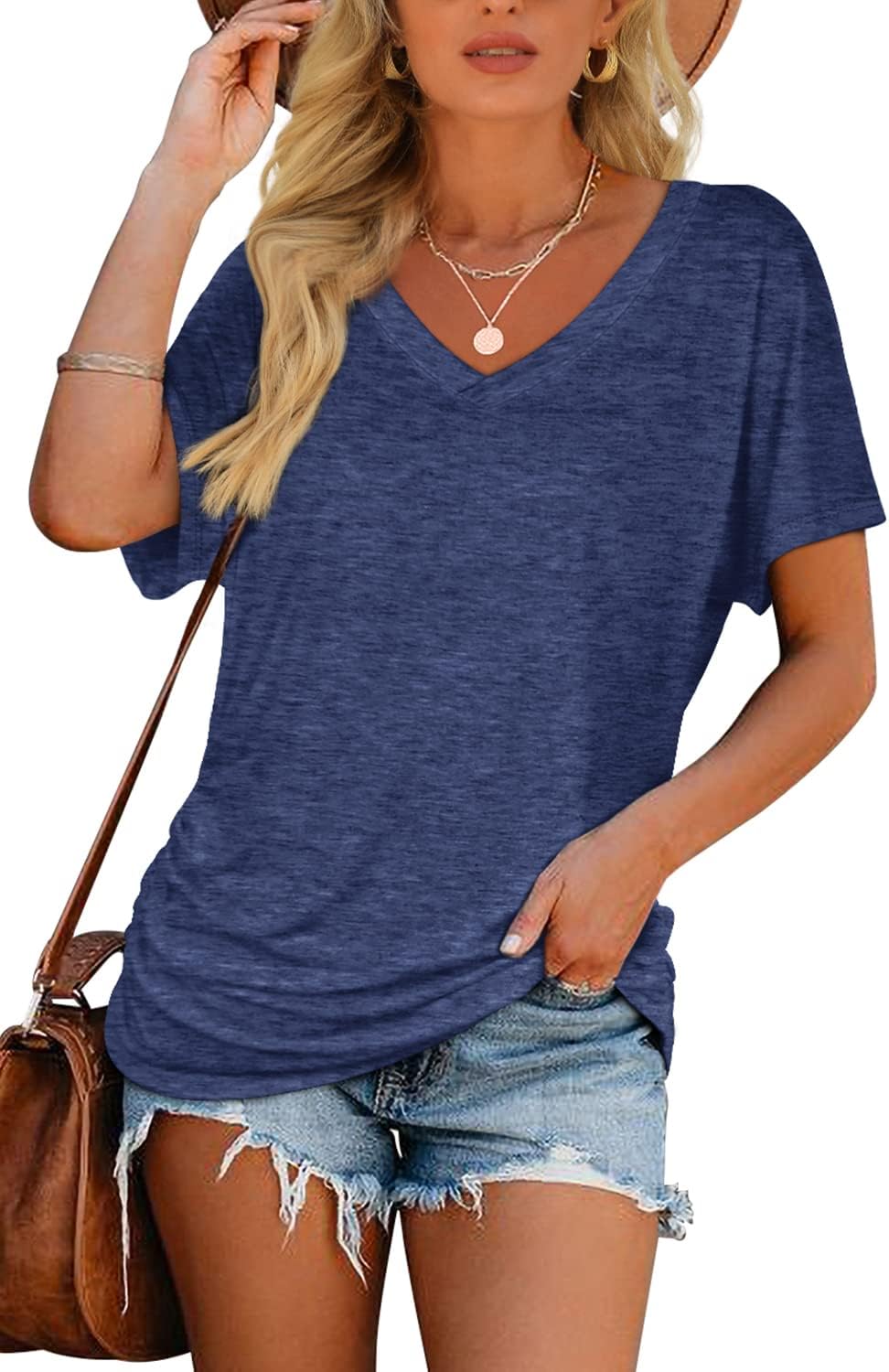 Women's Short Sleeve V Neck Dolman Tops with Side Shirring Loose Fit Shirts - Picture 136 of 138
