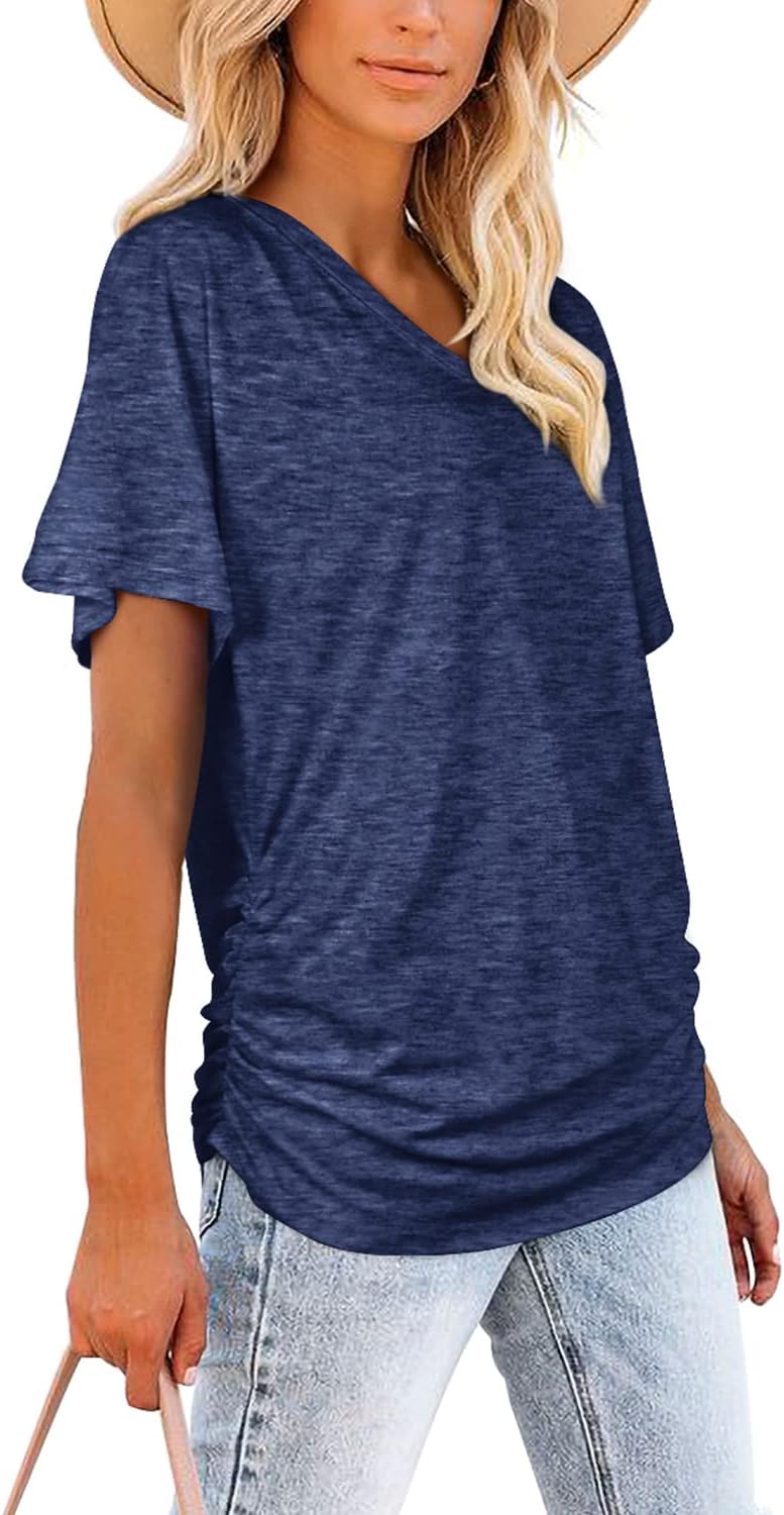 Women's Short Sleeve V Neck Dolman Tops with Side Shirring Loose Fit Shirts - Picture 137 of 138