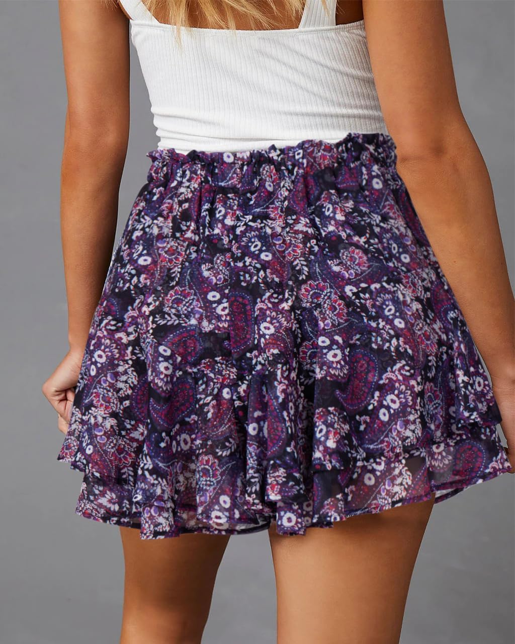 Women's Flowy Shorts Casual Boho Floral Ruffle Mini Skorts for Running Tennis - Picture 145 of 145