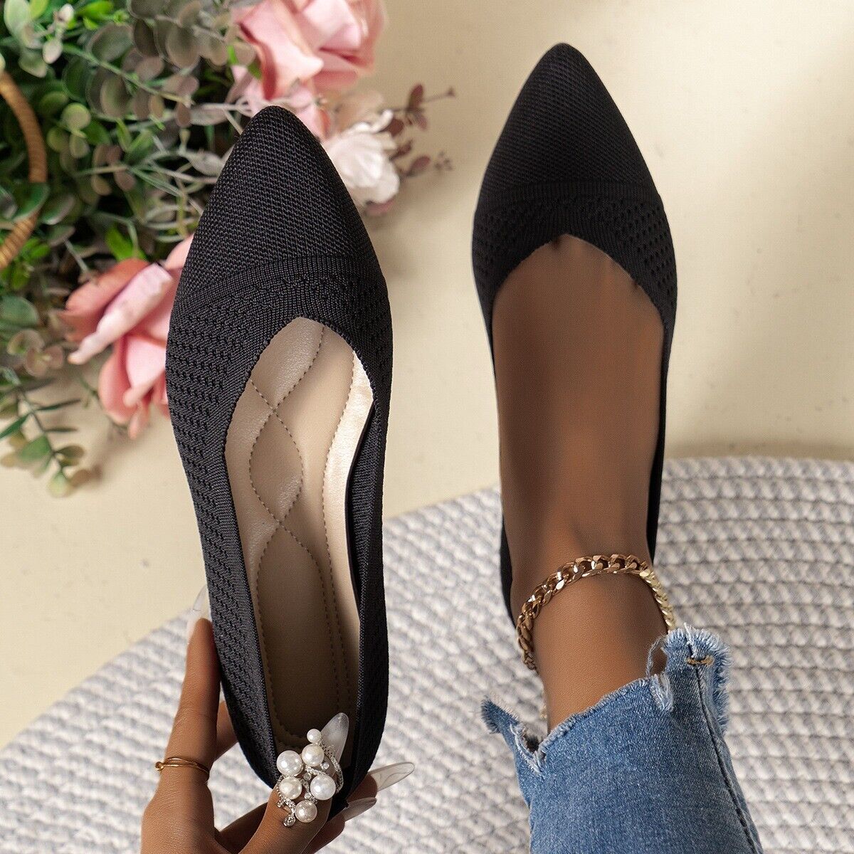 Zapatos planos de punto para mujer Zapatos de salón con punta puntiaguda Damas Sin cordones Trabajo Informales Mocasines Talla - Imagen 17 de 19