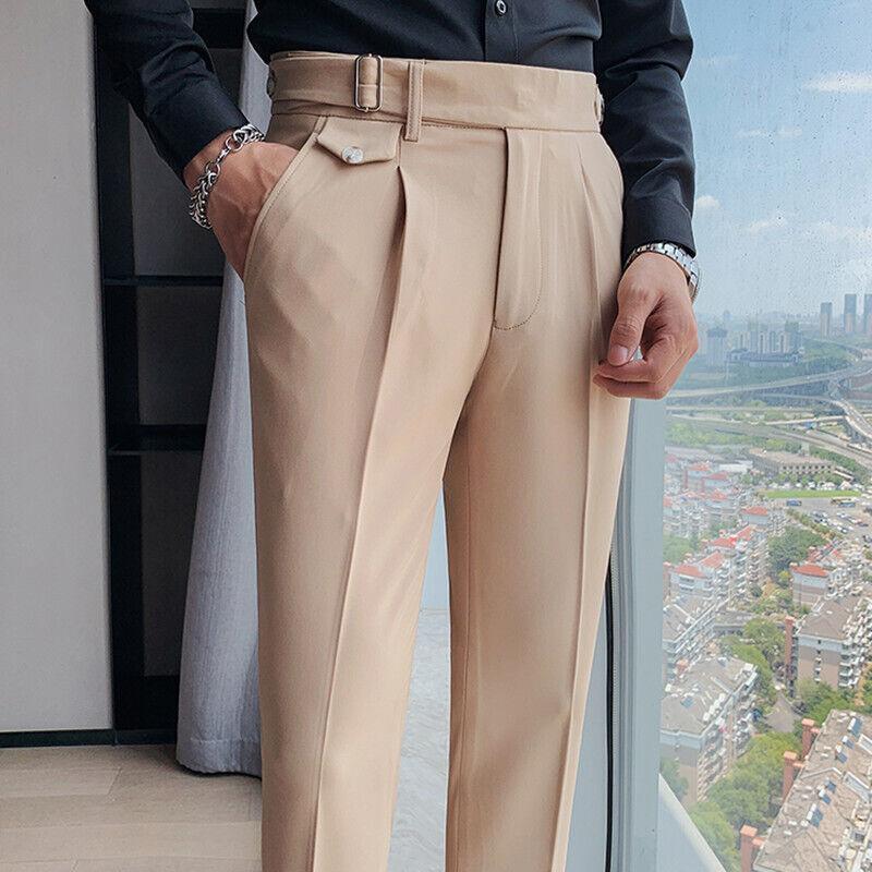 Fashion Men High Waist Pants Slim Dress Trousers Casual Formal Dress Suit Pants - Picture 13 of 16