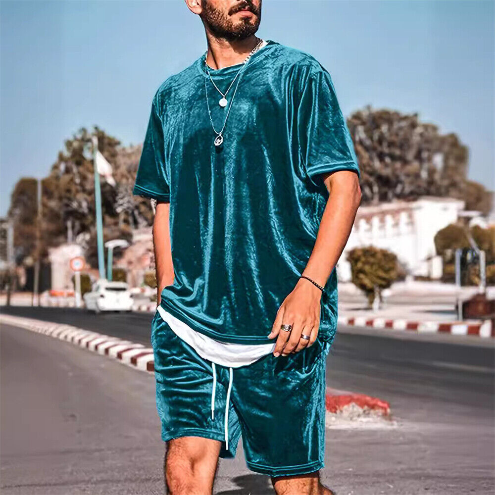 Mens Outfit 2-Piece Set Short Sleeve Velvet T-Shirts and Shorts Sweatsuit Set - Picture 11 of 11