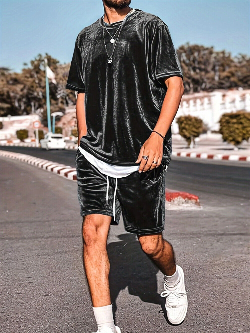 Mens Outfit 2-Piece Set Short Sleeve Velvet T-Shirts and Shorts Sweatsuit Set - Picture 10 of 11