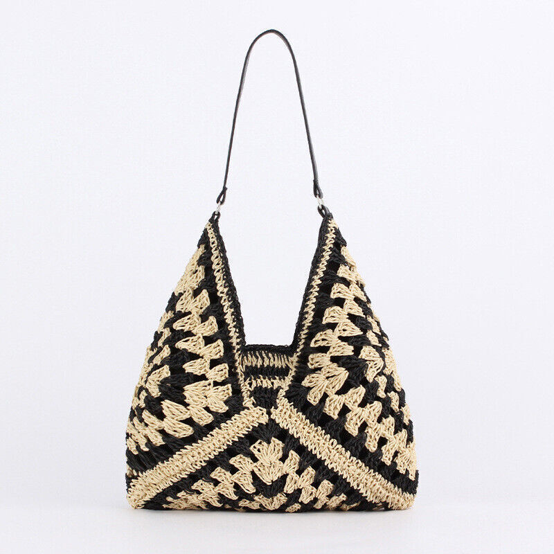 Damen Boho gewebte Handtasche Sommer Strandtasche Stroh Tasche rund Rattan Schulter - Bild 10 von 12
