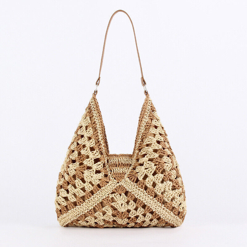 Damen Boho gewebte Handtasche Sommer Strandtasche Stroh Tasche rund Rattan Schulter - Bild 11 von 12