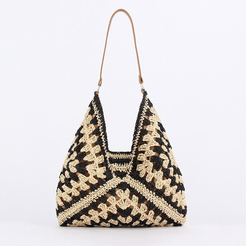 Damen Boho gewebte Handtasche Sommer Strandtasche Stroh Tasche rund Rattan Schulter - Bild 12 von 12