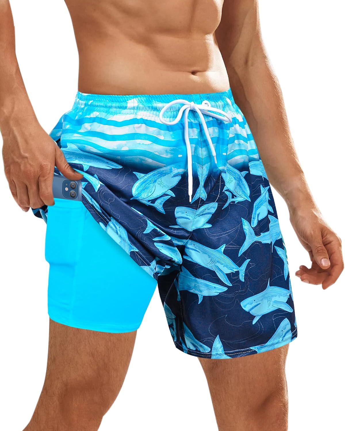 Costume da bagno uomo con fodera a compressione pantaloncino tavola asciugatura rapida con tasca - Foto 12 di 14