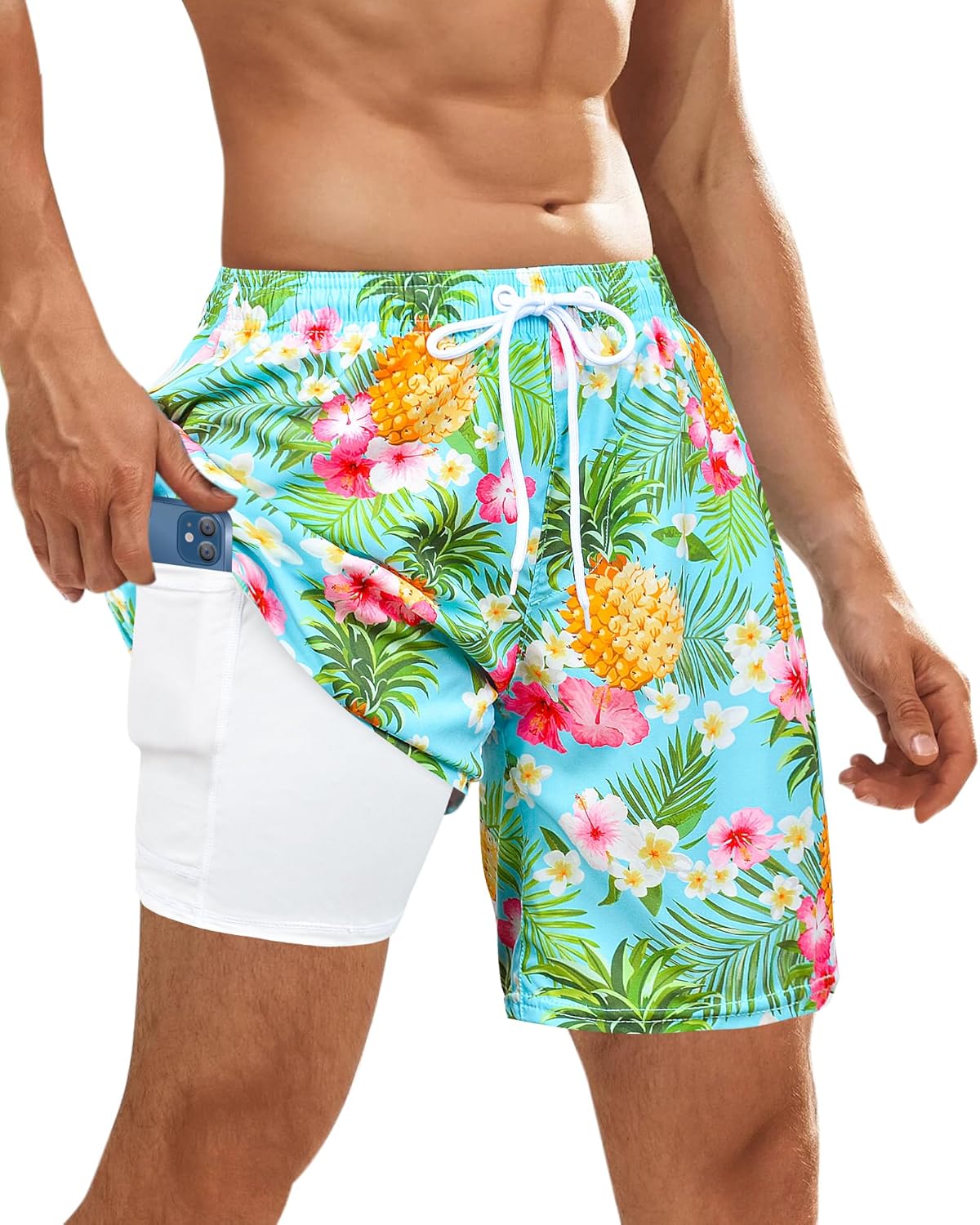 Costume da bagno uomo con fodera a compressione pantaloncino tavola asciugatura rapida con tasca - Foto 14 di 14