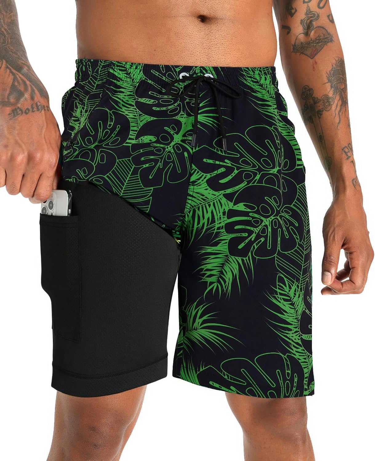 2 in 1 Men's Swim Trunks Bathing Suit with Zipper Pockets Built-in Board Shorts - Picture 14 of 32