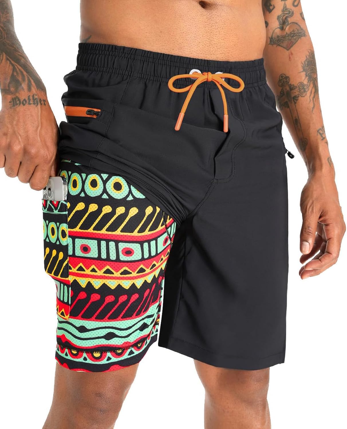 2 in 1 Men's Swim Trunks Bathing Suit with Zipper Pockets Built-in Board Shorts - Picture 16 of 32