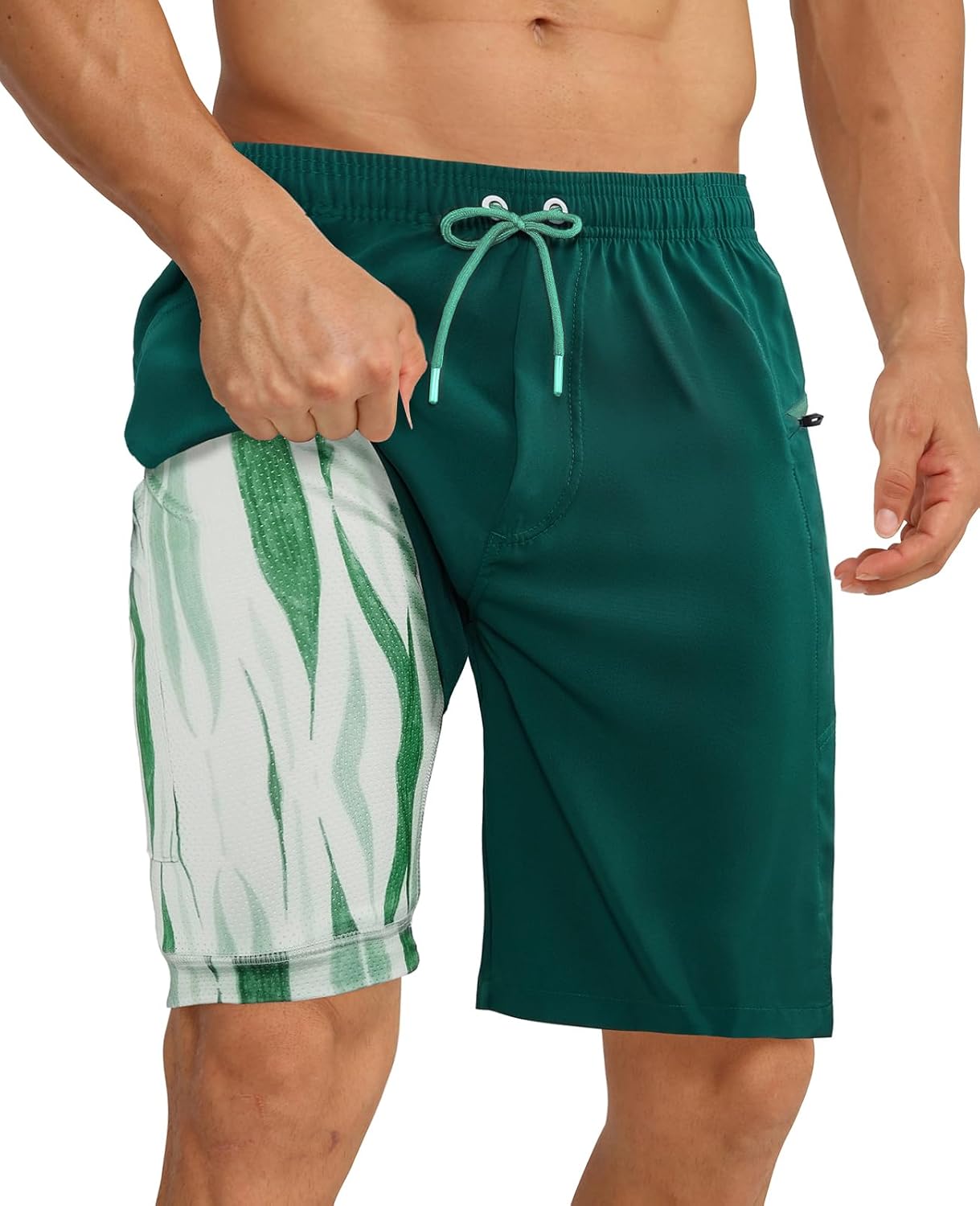 2 in 1 Men's Swim Trunks Bathing Suit with Zipper Pockets Built-in Board Shorts - Picture 18 of 32
