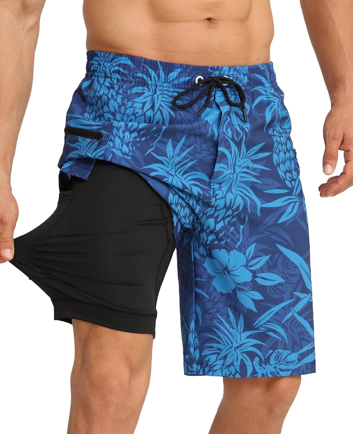 2 in 1 Men's Swim Trunks Bathing Suit with Zipper Pockets Built-in Board Shorts - Picture 19 of 32