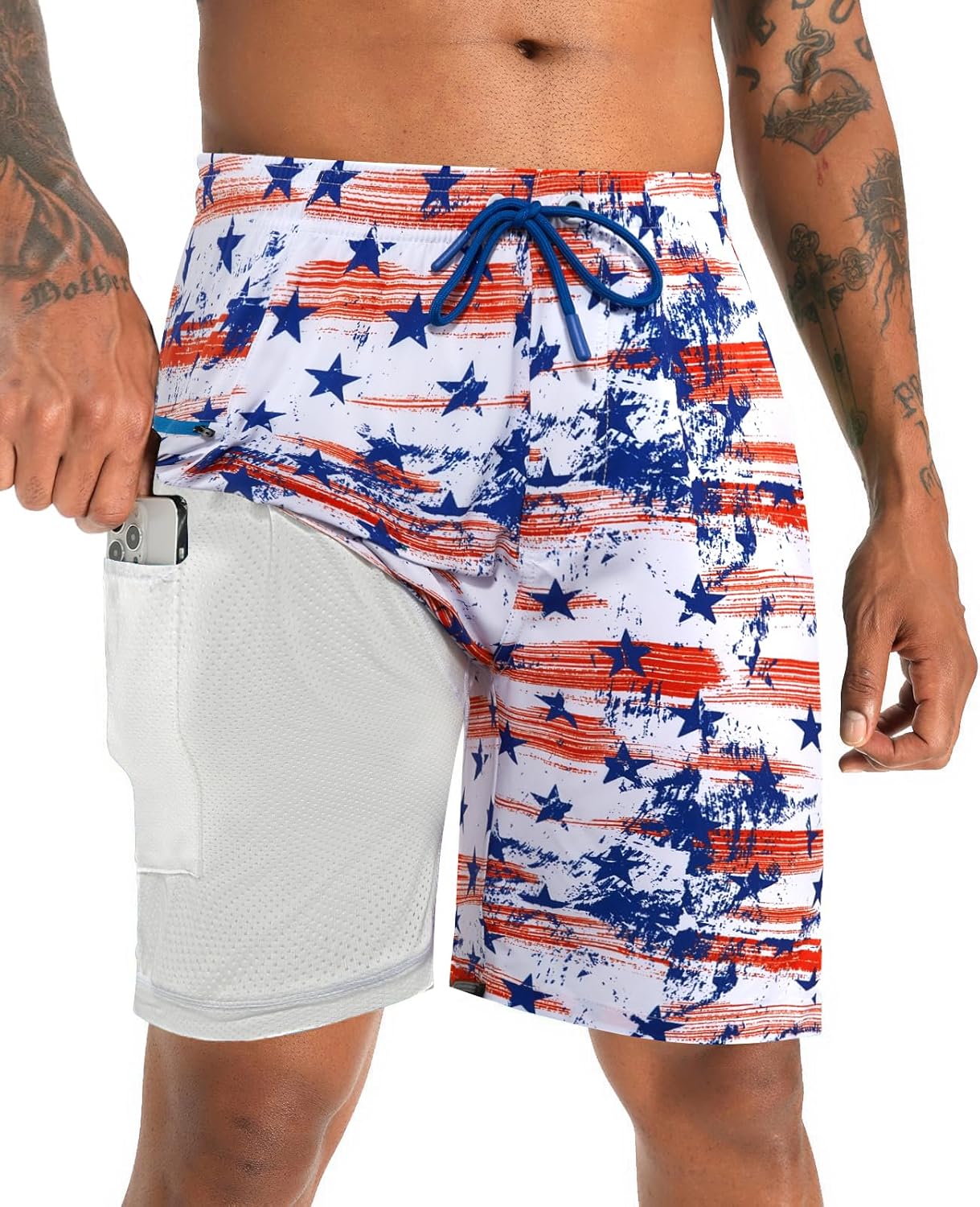 2 in 1 Men's Swim Trunks Bathing Suit with Zipper Pockets Built-in Board Shorts - Picture 20 of 32