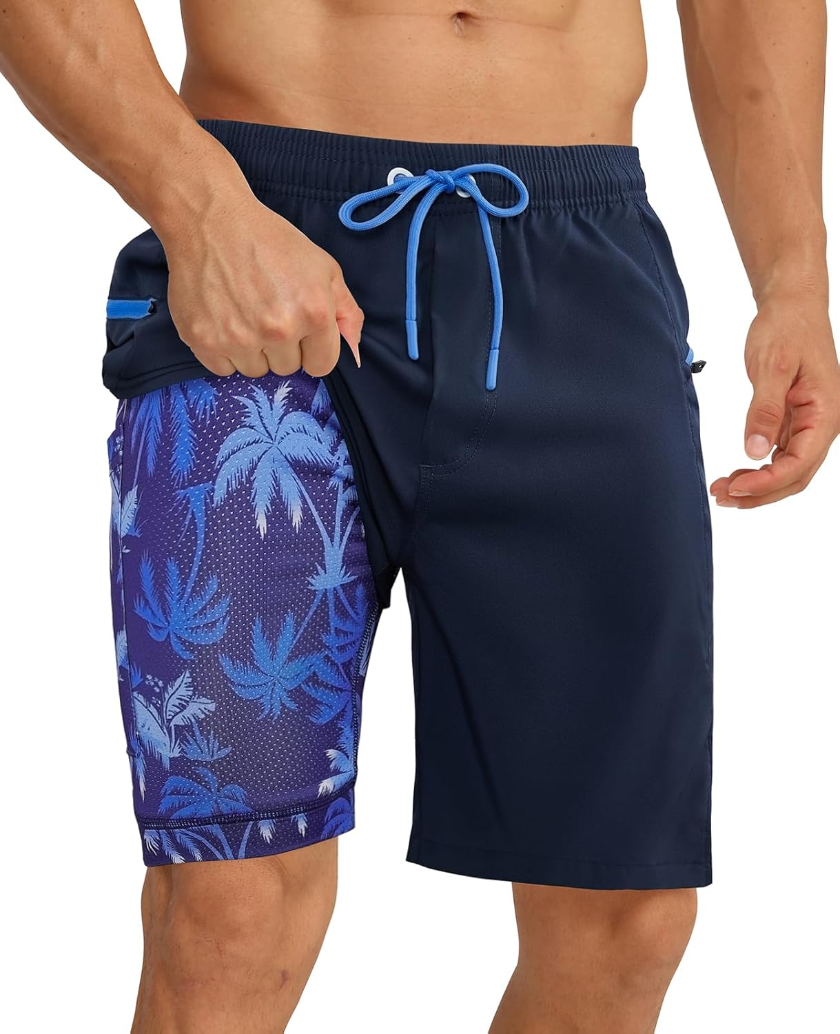 2 in 1 Men's Swim Trunks Bathing Suit with Zipper Pockets Built-in Board Shorts - Picture 21 of 32