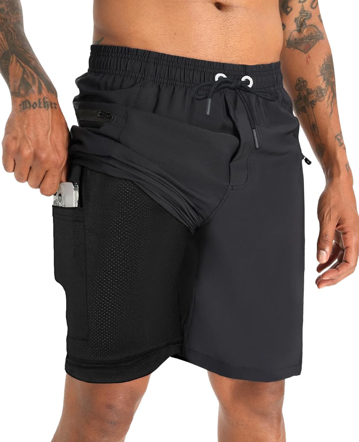 2 in 1 Men's Swim Trunks Bathing Suit with Zipper Pockets Built-in Board Shorts - Picture 22 of 32