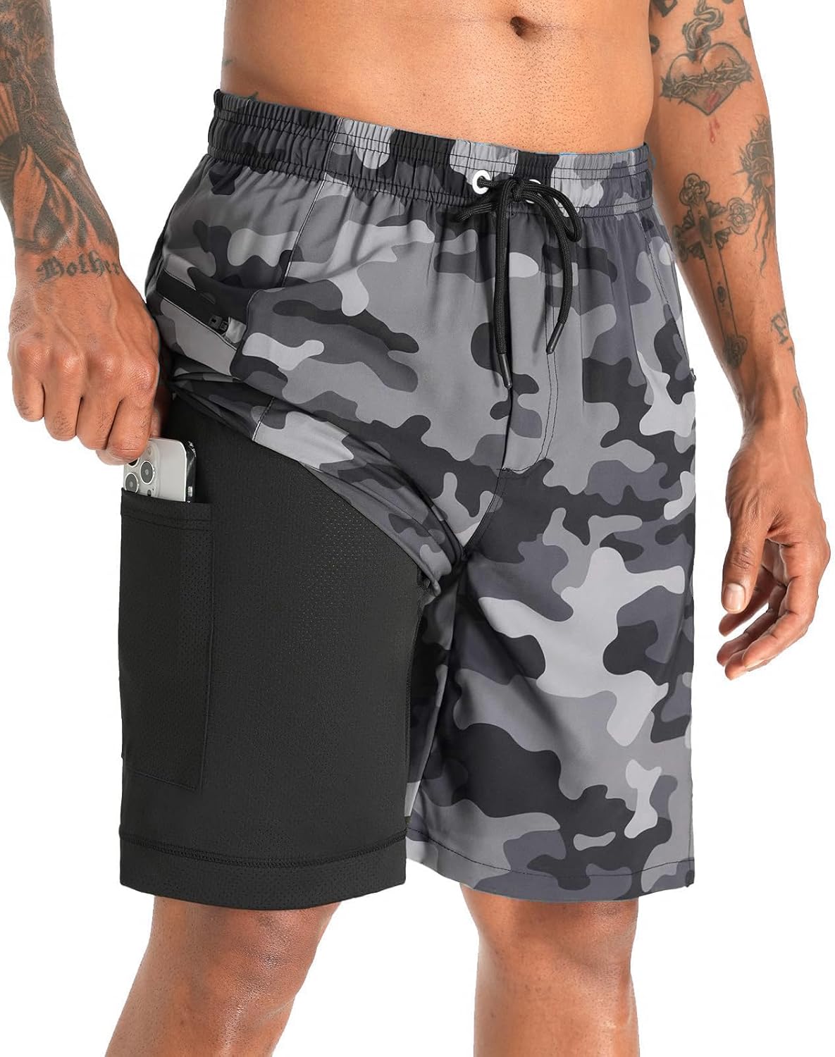2 in 1 Men's Swim Trunks Bathing Suit with Zipper Pockets Built-in Board Shorts - Picture 24 of 32